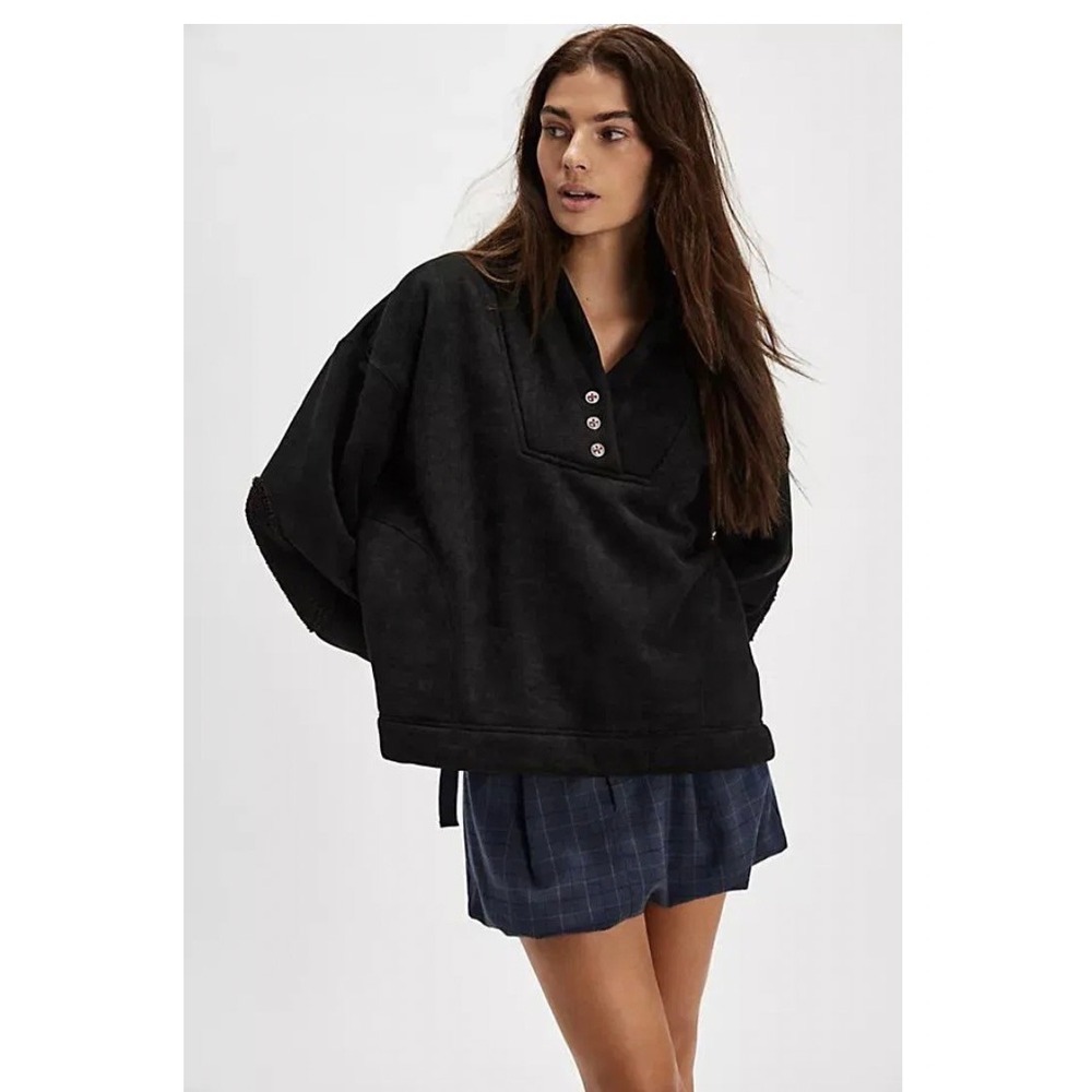 Free People Mia Henley Oversized Ribbed Sweatshirt Black XL 94100831